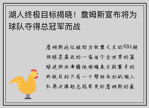 湖人终极目标揭晓！詹姆斯宣布将为球队夺得总冠军而战