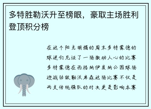 多特胜勒沃升至榜眼，豪取主场胜利登顶积分榜