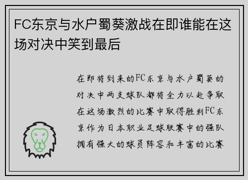 FC东京与水户蜀葵激战在即谁能在这场对决中笑到最后